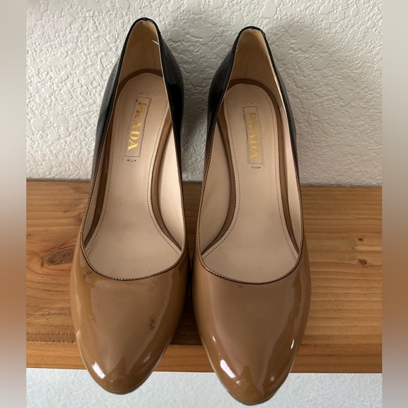 Prada Beige/Black Degrade Patent Leather Platform Pumps Size 8.5/39 - Picture 8 of 12
